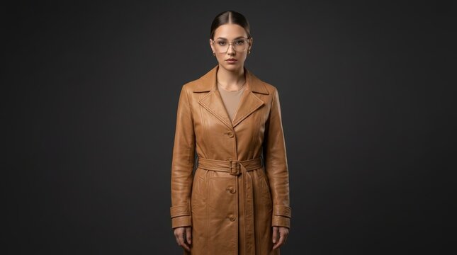 A stylish young woman wearing a fashion leather coat and glasses.