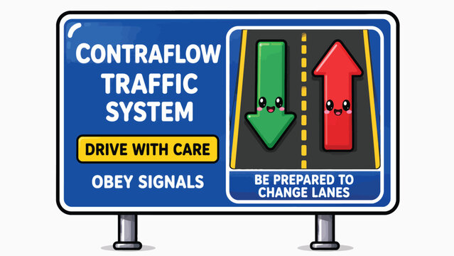 Cute Cartoon Directional Road Sign Indicating Contraflow Traffic System With Green And Red Kawaii Style Lane Arrows