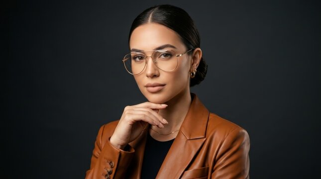 A stylish young woman wearing a brown leather coat and glasses poses gracefully in a studio setting.