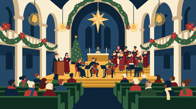 Christmas choir concert in church with audience and musicians