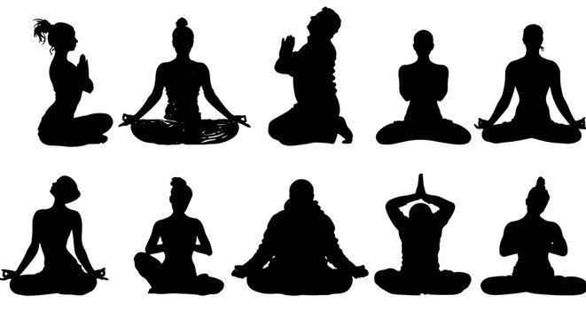 Diverse Yoga Poses Silhouettes Collection, 10 Meditating Figures, Zen Mindfulness, Spiritual Practice, Wellness Vector Set