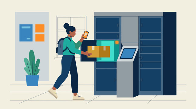 Woman using smartphone to interact with automated parcel locker for package delivery