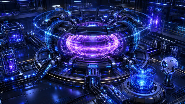 Glowing Toroidal Reactor in Futuristic Energy Laboratory