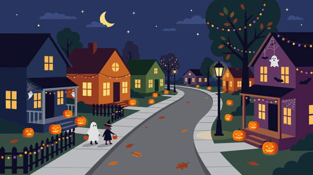 Halloween night street scene with trick or treaters and decorated houses