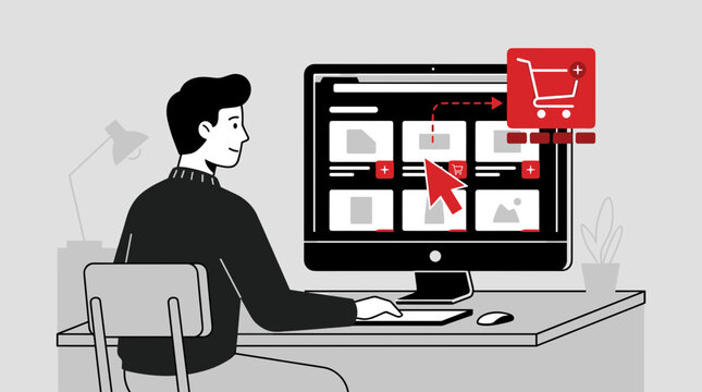 Man shopping online using computer and mouse cursor adding items to cart