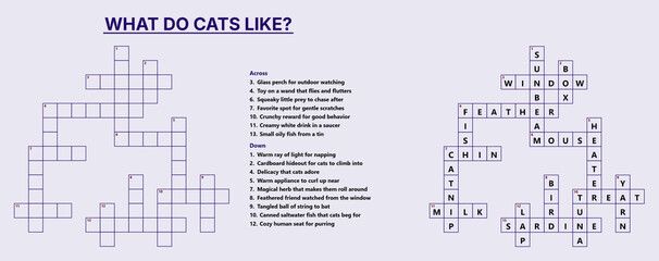 Cat crossword puzzle with answers on light purple background   © SvGreen