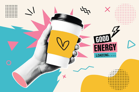 Halftone Collage with Hand Holding Coffee Cup and Heart Doodle. Good Energy Loading Typography. Morning Coffee and Positive Vibes Concept in Retro Pop Art Style