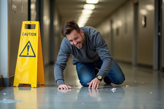 Unfortunate Accident: Man Slips and Falls on Wet Floor Near Caution Sign, Grimacing in Pain