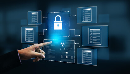 Plakat Digital Security Concepts with Lock Icon and Data Protection Interface Featuring Touch Interaction and Virtual Elements. Bitwise.