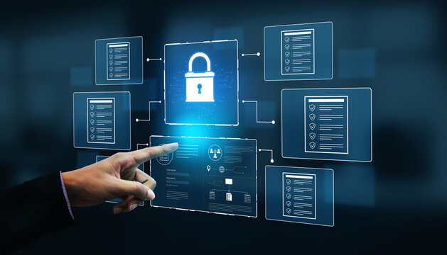 Digital Security Concepts with Lock Icon and Data Protection Interface Featuring Touch Interaction and Virtual Elements. Bitwise.