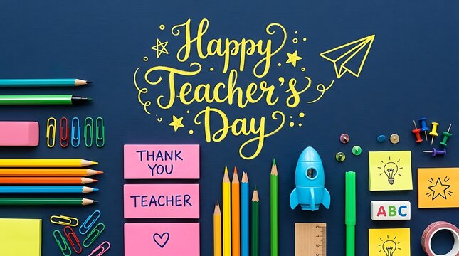Happy teachers day festive school supplies handwritten message celebration