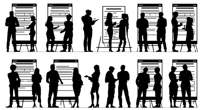 Business Meeting Silhouettes, Presentation Board Figures, Corporate Teamwork Icons, Professional Collaboration Graphics