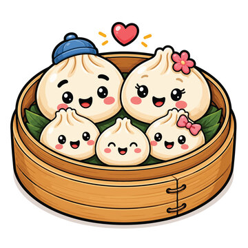 Adorable Cartoon Dim Sum Family Characters With Happy Smiling Faces Sitting Inside A Traditional Bamboo Steamer Basket