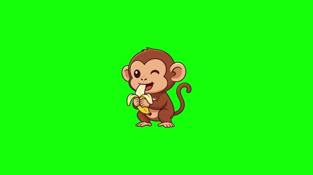 Monkey Swinging and Banana Eating Animation on Green Screen for Chroma Key Video Editing