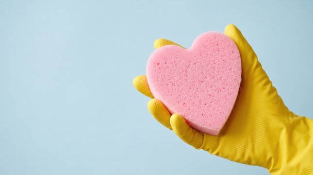 Hand in a yellow cleaning glove holding a heart shaped sponge. House cleaning, home care, domestic hygiene, housekeeping, cleaning service. Banner, copy space