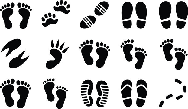 Footprint icons, clean vector set with barefoot prints, footwear soles, boot tracks, and isolated footprint symbols for design, vector designs.