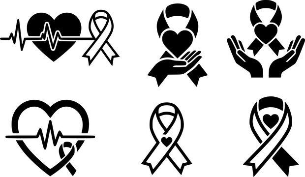 Set of six black silhouette health awareness icons featuring hearts, ECG heartbeat, awareness ribbons, and helping hands, flat vector symbols perfect for charity, medical, or cancer campaign design