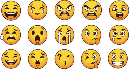 Fototapeta premium A set of fifteen colorful yellow cartoon emoji face icons showcasing various facial expressions and emotions for social media, messaging, and chat apps.