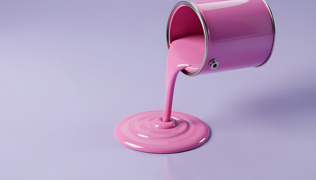 Pink paint pouring from metal can. Vibrant magenta liquid spilling for creative projects and home decor.