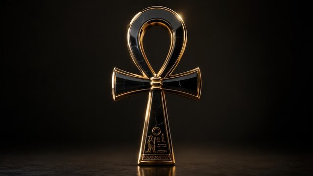 Shiny gold ankh (Egyptian crux ansata) standing on dark reflective surface with ornate hieroglyph detail and dramatic studio lighting