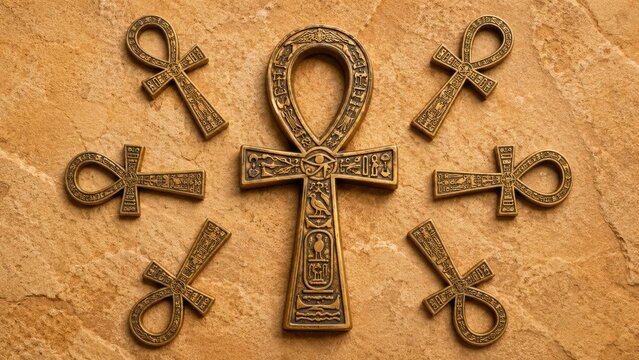 Bronze ankhs arranged on textured sandstone background, central ornate ankh with engraved hieroglyphs evoking ancient Egyptian life and spirituality