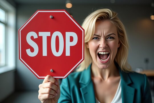 Fierce Woman Holds Stop Sign Declaring No More Sexual Harassment and Violence