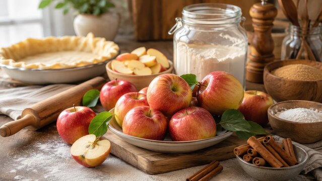 Fresh red apples and baking ingredients arranged for homemade apple pie preparation