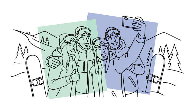 Group of snowboarders taking phone selfie on snowy slope vector illustration