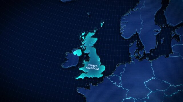 3D digital map of Europe highlighting the United Kingdom in glowing cyan. High-tech topography with a grid background, ideal for corporate presentations, broadcast news openers, or widescreen displays