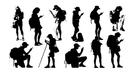 Silhouette Hikers with Backpacks, Vector Collection: Diverse Poses of Adventurers Using Smartphones in Outdoor Settings, Black and White Graphic Elements for Travel and Recreation Themes © Zubaraj