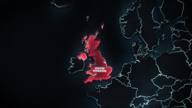 3D digital map of Europe with a glowing red highlight on the United Kingdom. High-tech broadcast graphic ideal for geopolitical news openers and horizontal presentation backdrops.


