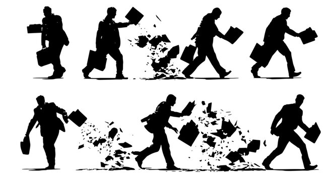 Business Man Silhouette Sequence, Falling Apart, Losing Documents, Career Crisis, Vector Illustration Set
