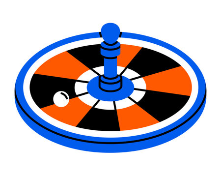 Hand drawn illustration of round roulette wheel with white ball. Flat vector casino gamble game sticker doodle. Online betting icon. Fortune or luck. Isolated.