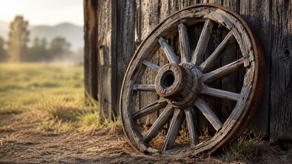 Fototapeta premium Weathered wooden wagon wheel leaning against a rustic barn at golden hour in a misty rural field