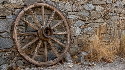 Obraz premium Weathered wooden wagon wheel leaning against a dry stone wall with gravel and dried grasses