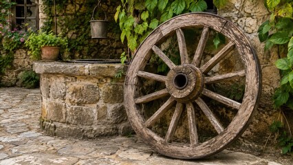 Obraz premium Rustic wooden wagon wheel leaning against a stone well in a vine-covered courtyard with potted plants and cobblestone paving