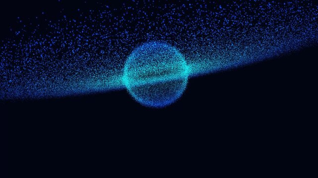 Blue and cyan particles explode from a central digital cluster in a dark 3D animation loop for corporate technology screensaver assets