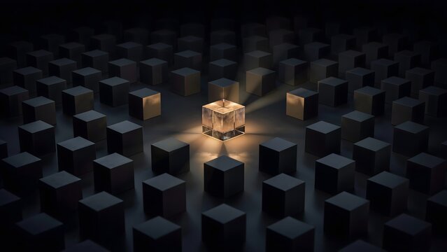 Central transparent cube lighting dark array &ndash; Perfect for standing out, dynamic ideas, or team direction.