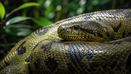 Fototapeta premium Close-up of a large greenish-yellow anaconda coiled in foliage, highlighting textured scales, patterned skin and a focused head and eyes