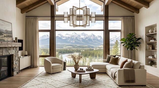 Spacious living room with vaulted ceiling featuring large window framing snow-capped mountains and river.