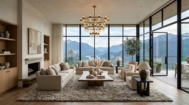 Elegant living room with spacious layout, multiple sofas, and full-height windows overlooking mountains.