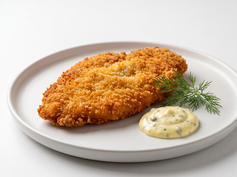 Crispy breaded chicken cutlet with tartar sauce and fresh dill on white plate