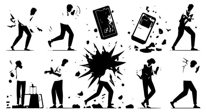 Set of 9 Vector Icons: People Dropping and Breaking Smartphones, Shattered Screens, Digital Device Mishaps, Technology Accidents, Mobile Phone Damage