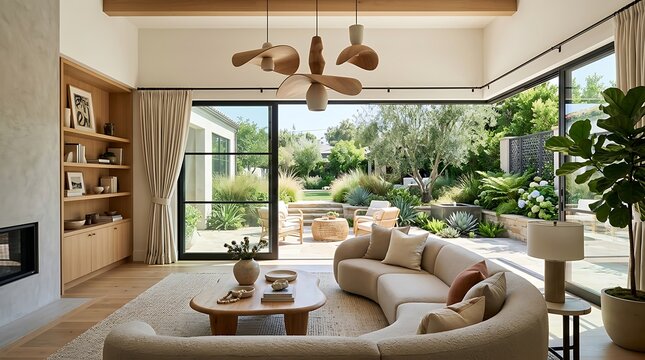 Inviting living room with contemporary design leading to lush green outdoor garden space.