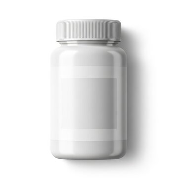 White plastic medicine bottle with blank label isolated on a plain white background mockup