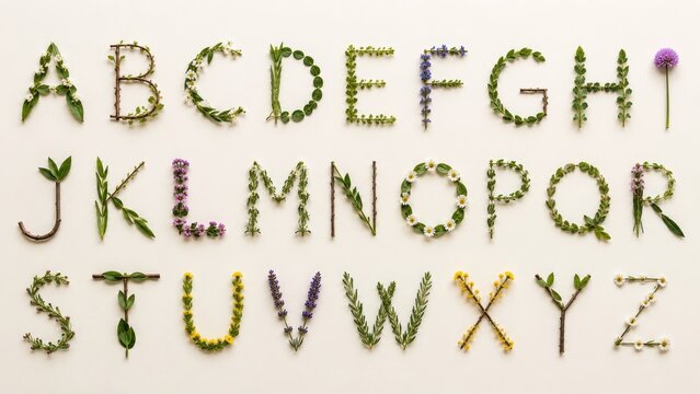 Uppercase alphabet crafted from assorted flowers, leaves, and stems arranged on a white background