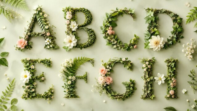 Floral alphabet letters A to I crafted from greenery and pastel flowers on a pale background