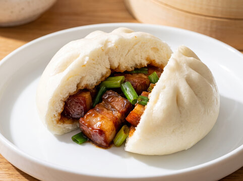 Cut steamed bao bun filled with braised pork belly and green onions on plate