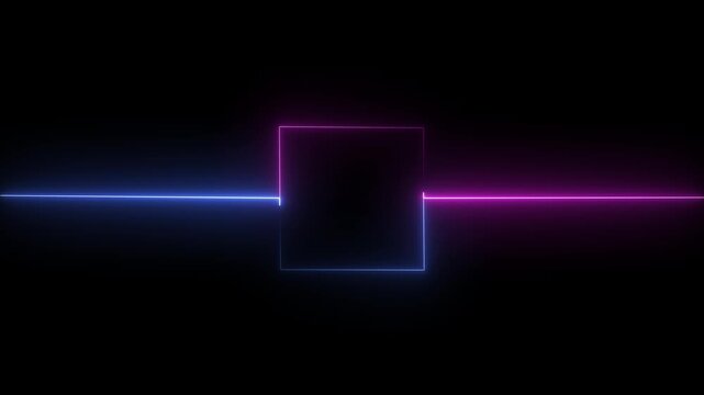 Abstract black background, neon box with glowing neon lines on black background. Glowing Neon light frame rectangle loading icon background.4k video animation.