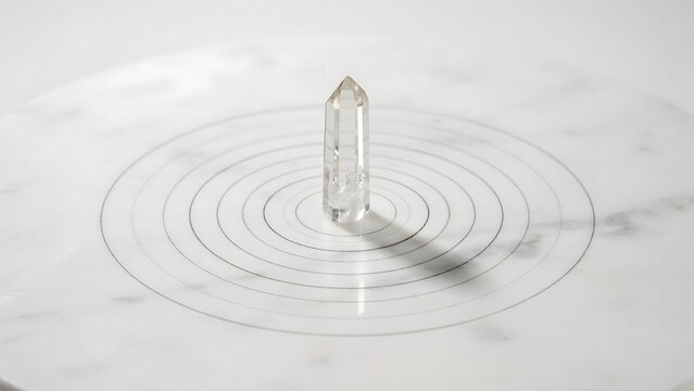 Crystal quartz on white marble with rings &ndash; Ideal for strategic ripple effect, central focus, or impact.